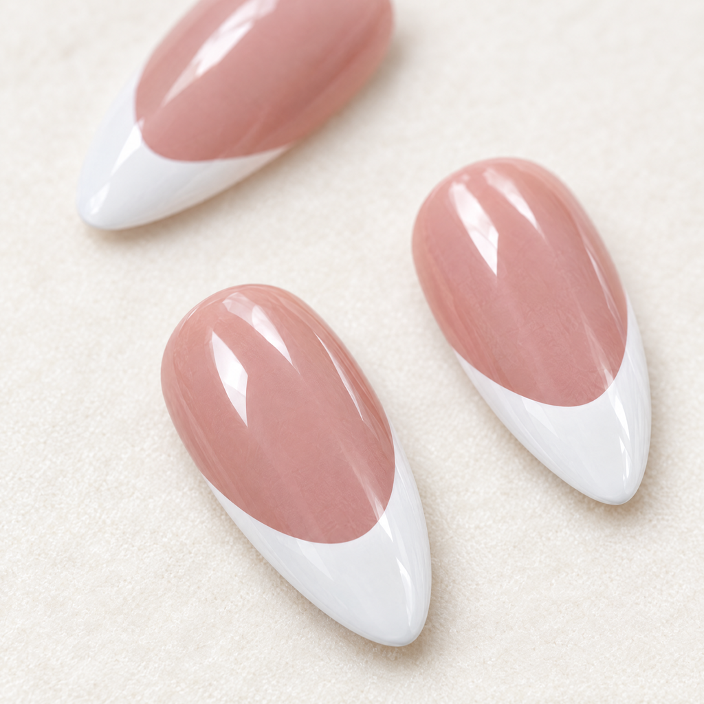 Classic White French Almond Press On Nails nail art close-up