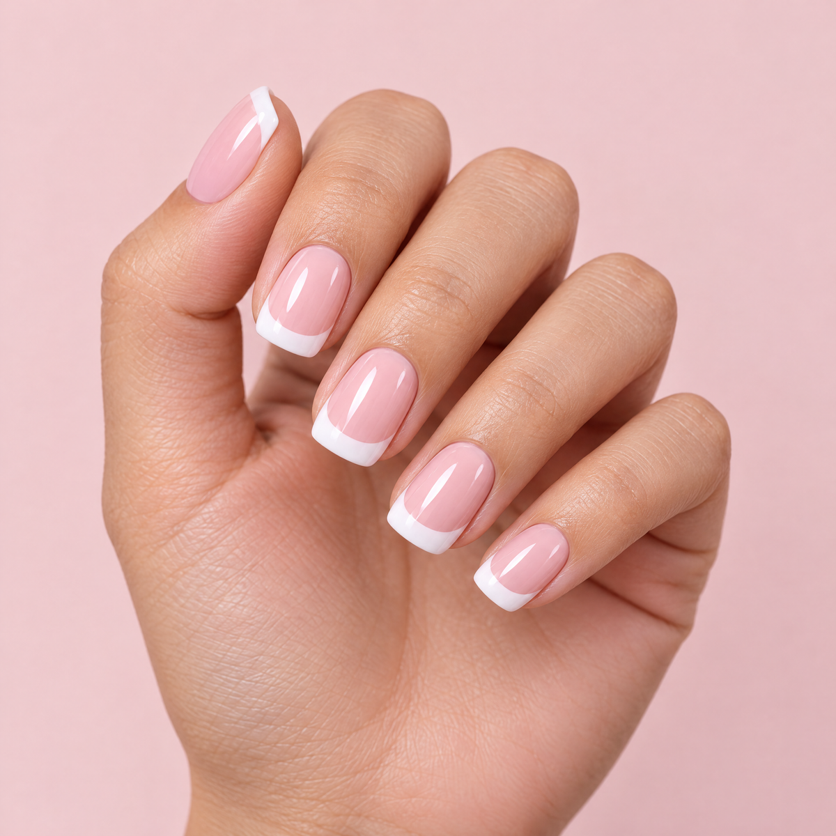 Pink & White Short Square French Press On Nails worn on a hand