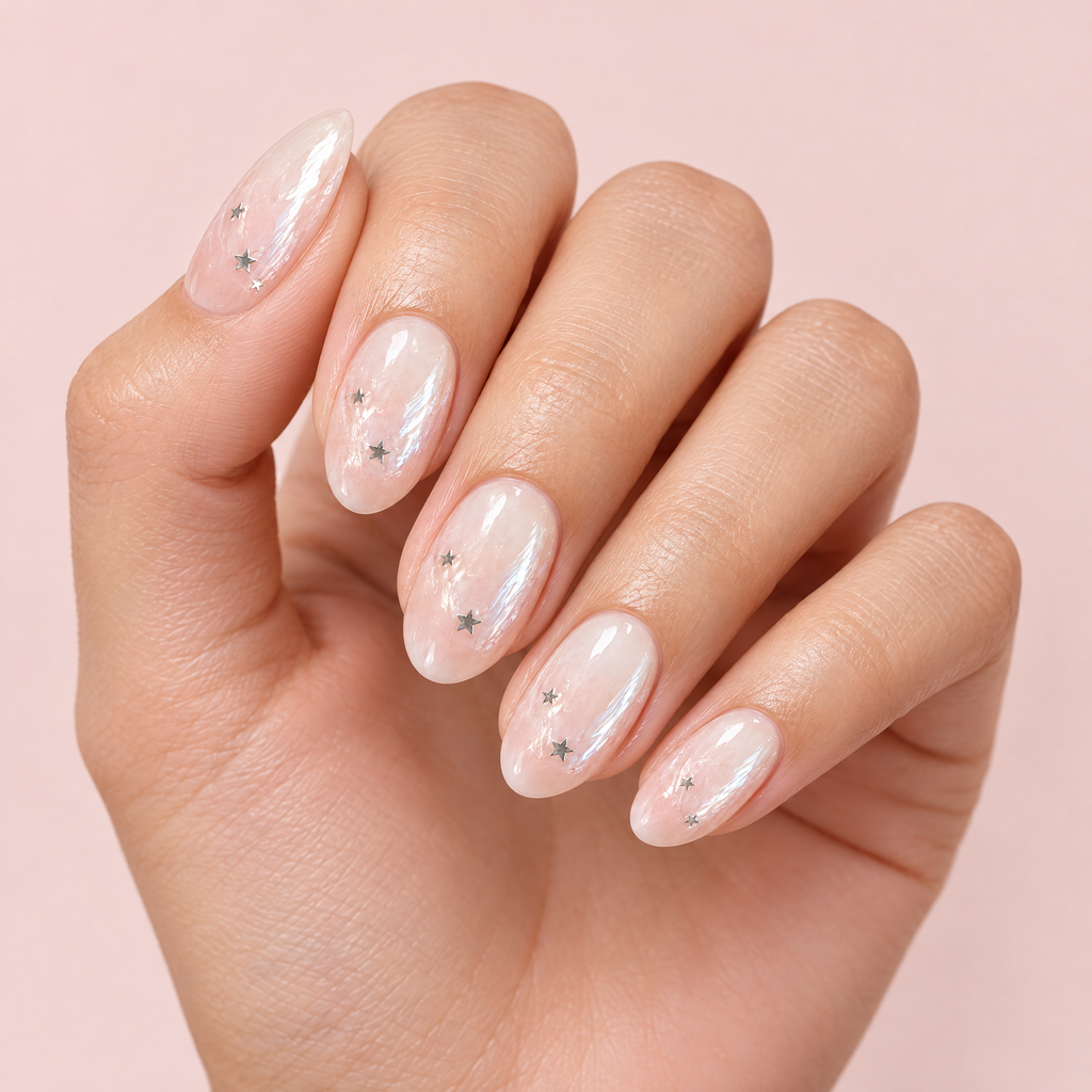 Milky Ombre Silver Star Press On Nails worn on a hand