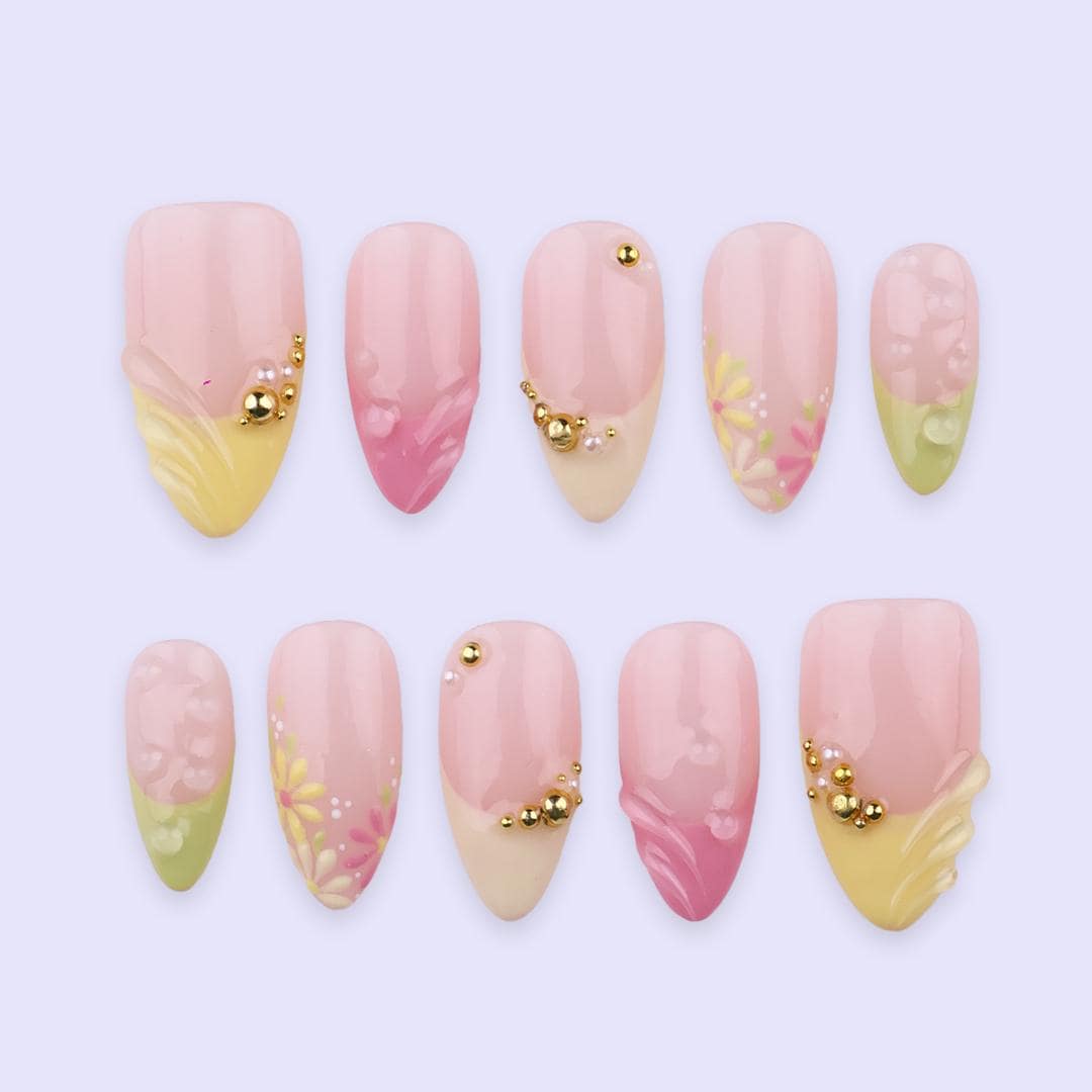 Spring Press On Nails with Gold Beads & Floral | Soft Pink Yellow Green Fake Nails in Almond | Handmade Nail Art for Brunch or Vacation