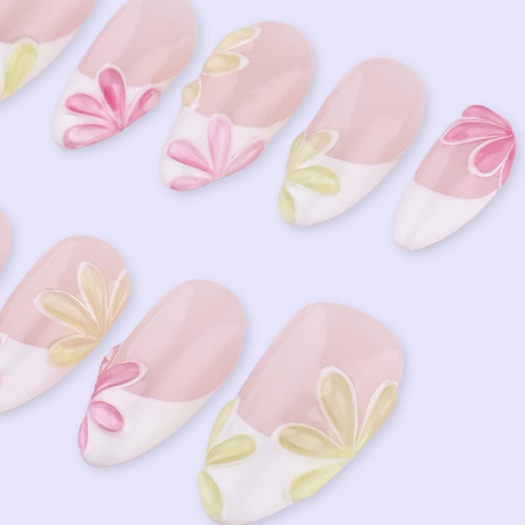 Spring Petal French Press On Nails | Pink & Soft Yellow Floral Fake Nails in Almond | Handmade Pastel Nail Art
