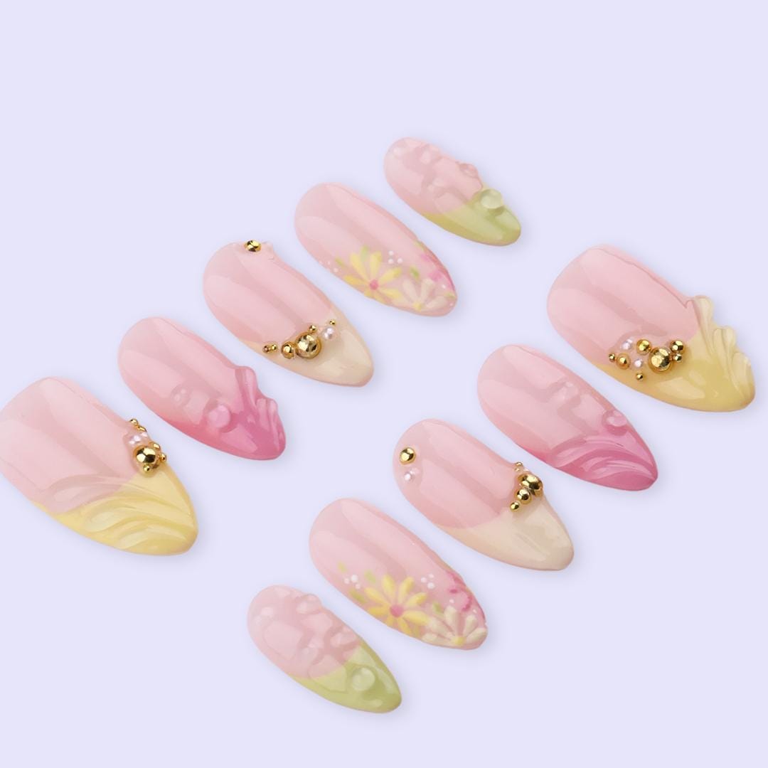 Spring Press On Nails with Gold Beads & Floral | Soft Pink Yellow Green Fake Nails in Almond | Handmade Nail Art for Brunch or Vacation