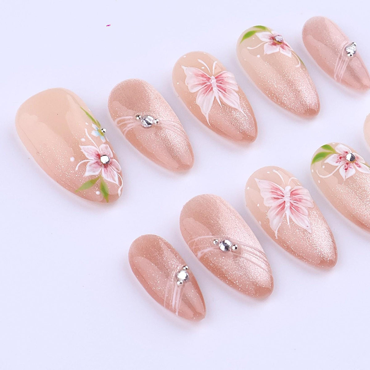 Blush Cat Eye Floral Press On Nails | Pink Butterfly & Crystal Accent in Medium Almond | Handmade Romantic Nail Set