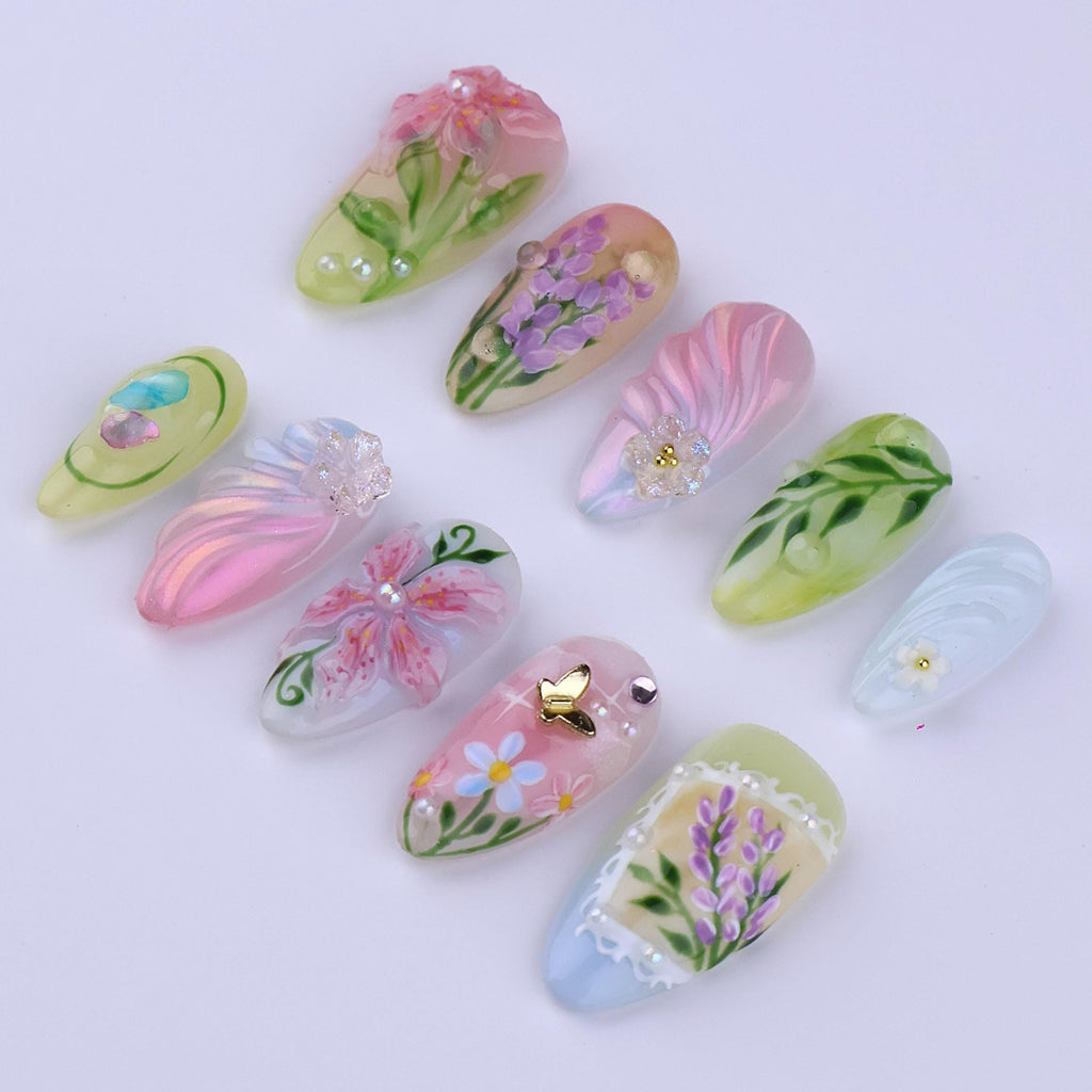 Spring Pastel Garden Press On Nails | Hand Painted Floral & Butterfly in Medium Almond | 3D Romantic Nail Art Set