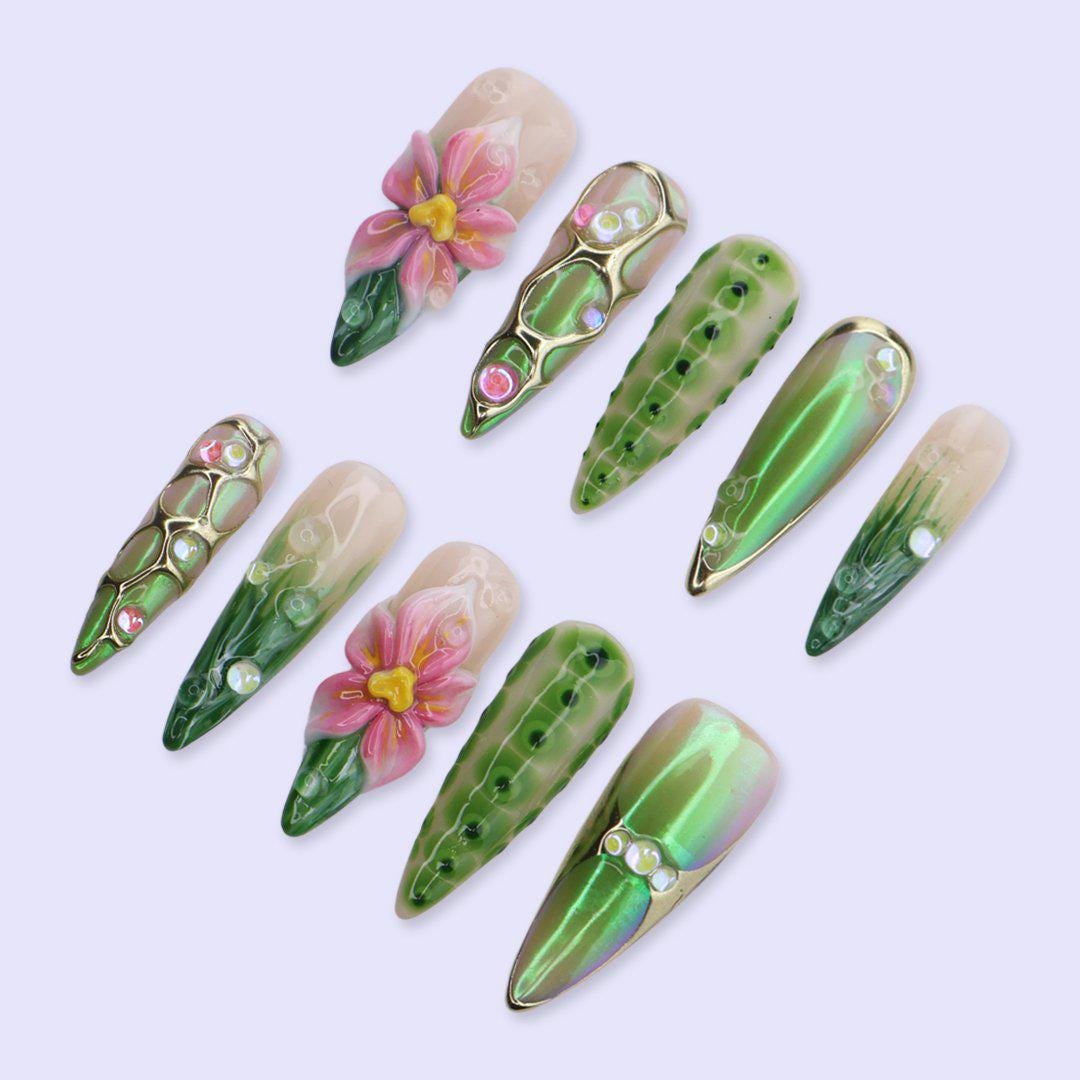 Green Chrome Press On Nails with 3D Flower, Gold Frame & Jelly Texture | Long Almond Handmade Fake Nails | Luxury Botanical Statement Nails