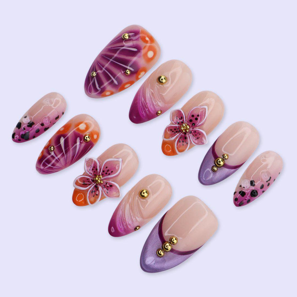 Purple Orange Press On Nails with 3D Flower & Aura Swirl | Medium Almond Fake Nails | Handmade Nails Art for Vacation, Party, Spring