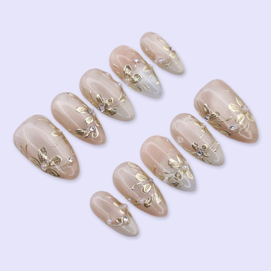 Champagne Gold Floral Press On Nails with Pearl & Rhinestone | Medium Almond Fake Nails | Elegant Prom Handmade Nails