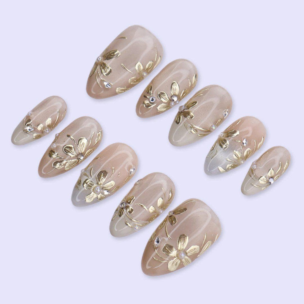 Champagne Gold Floral Press On Nails with Pearl & Rhinestone | Medium Almond Fake Nails | Elegant Prom Handmade Nails