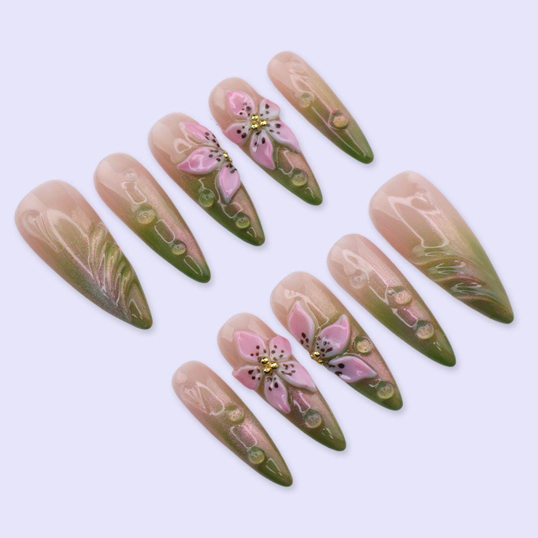 Green & Pink Floral Press On Nails with 3D Flower And Aura Ombre | Long Almond Fake Nails | Spring Handmade Nails