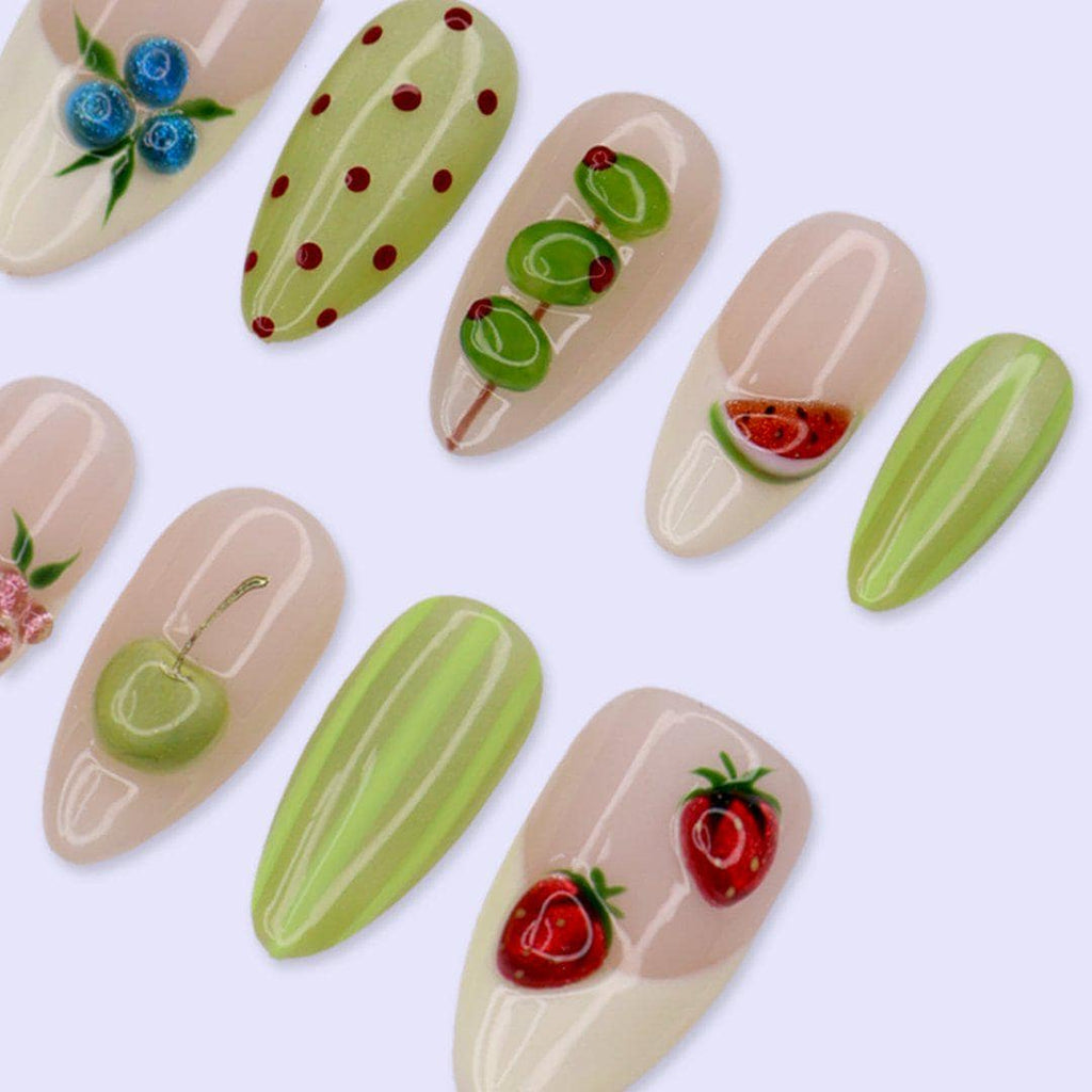 Summer Press On Nails with 3D Fruit Art, Strawberry, Cherry | Medium Almond Fake Nails | Handmade Nail Art for Vacation & Cute Summer Looks