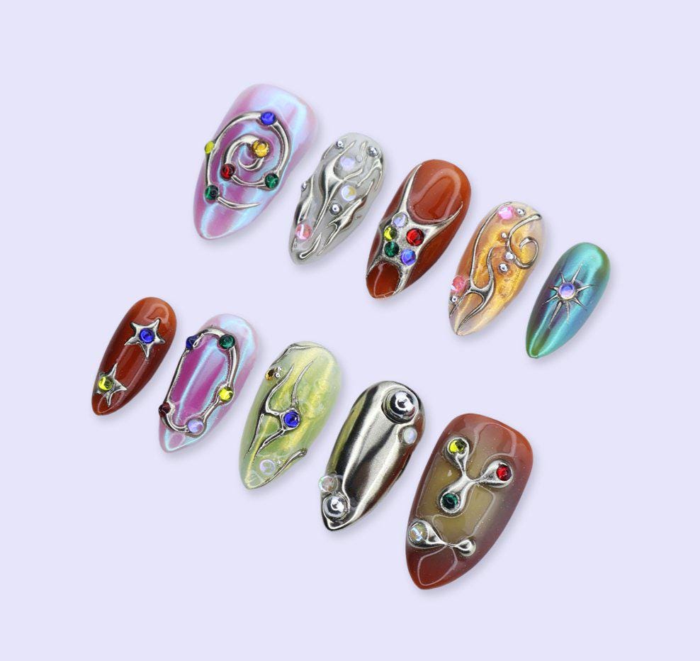 Y2K Press On Nails with Chrome Design And Colorful Gem | Medium Almond Fake Nails | Handmade Nails Art for Festival, Party, Streetwear Looks