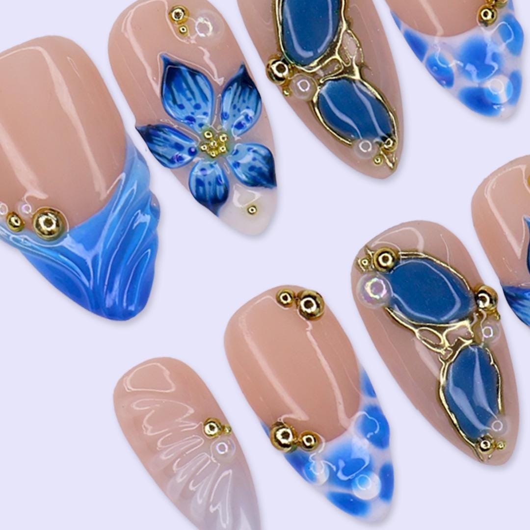Summer Press On Nails With Blue Floral And Gold Gemstone Details | Medium Almond Fake Nails | Coastal Handmade Nail Art For Vacation & Gift