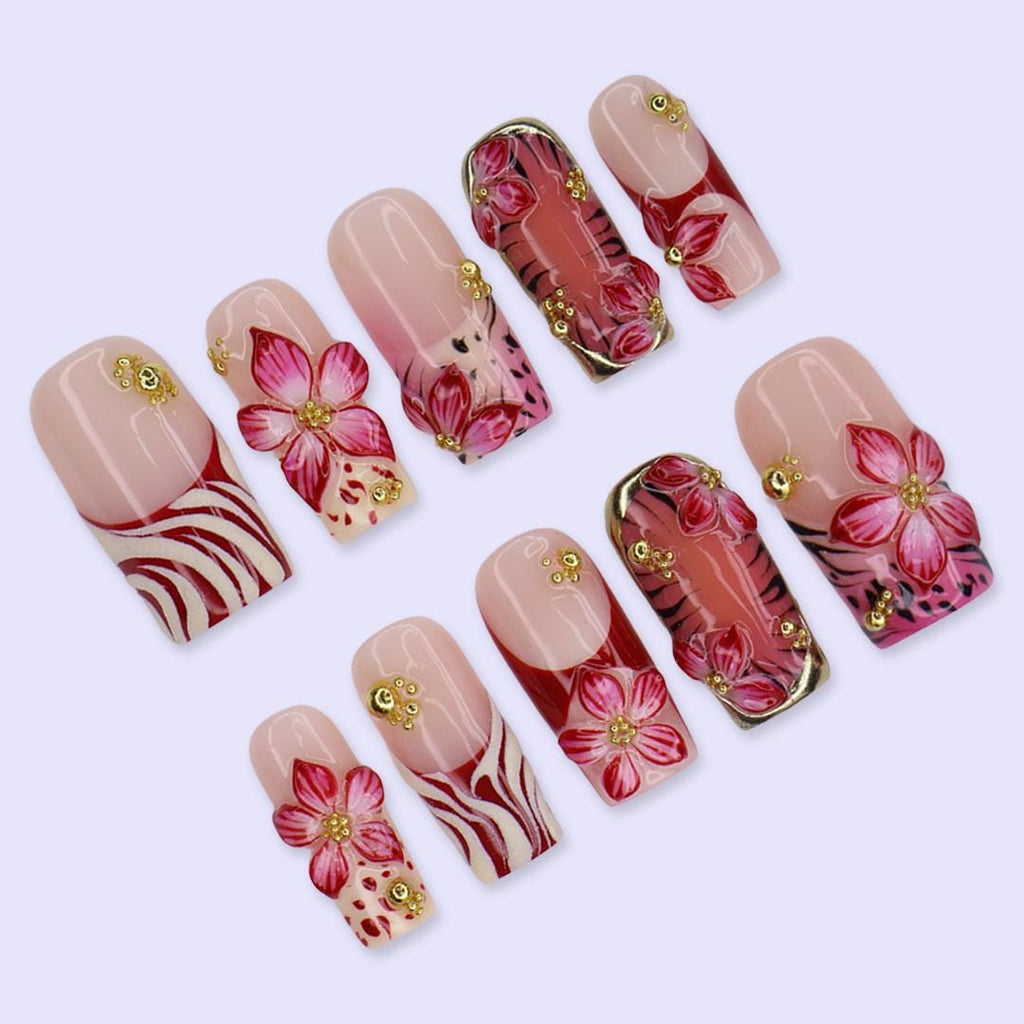 Summer Press On Nails With Hibiscus Flowers, Palm Leaf & Gold Chrome Details | Medium Square Fake Nails | Handmade Nail Art For Holiday