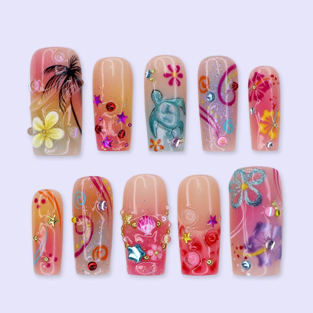 Summer Press On Nails With Sea Turtle, Pink Hibiscus, Palm Tree & Ocean Art | Medium Square Fake Nail | Handmade Nail Art For Beach Vacation