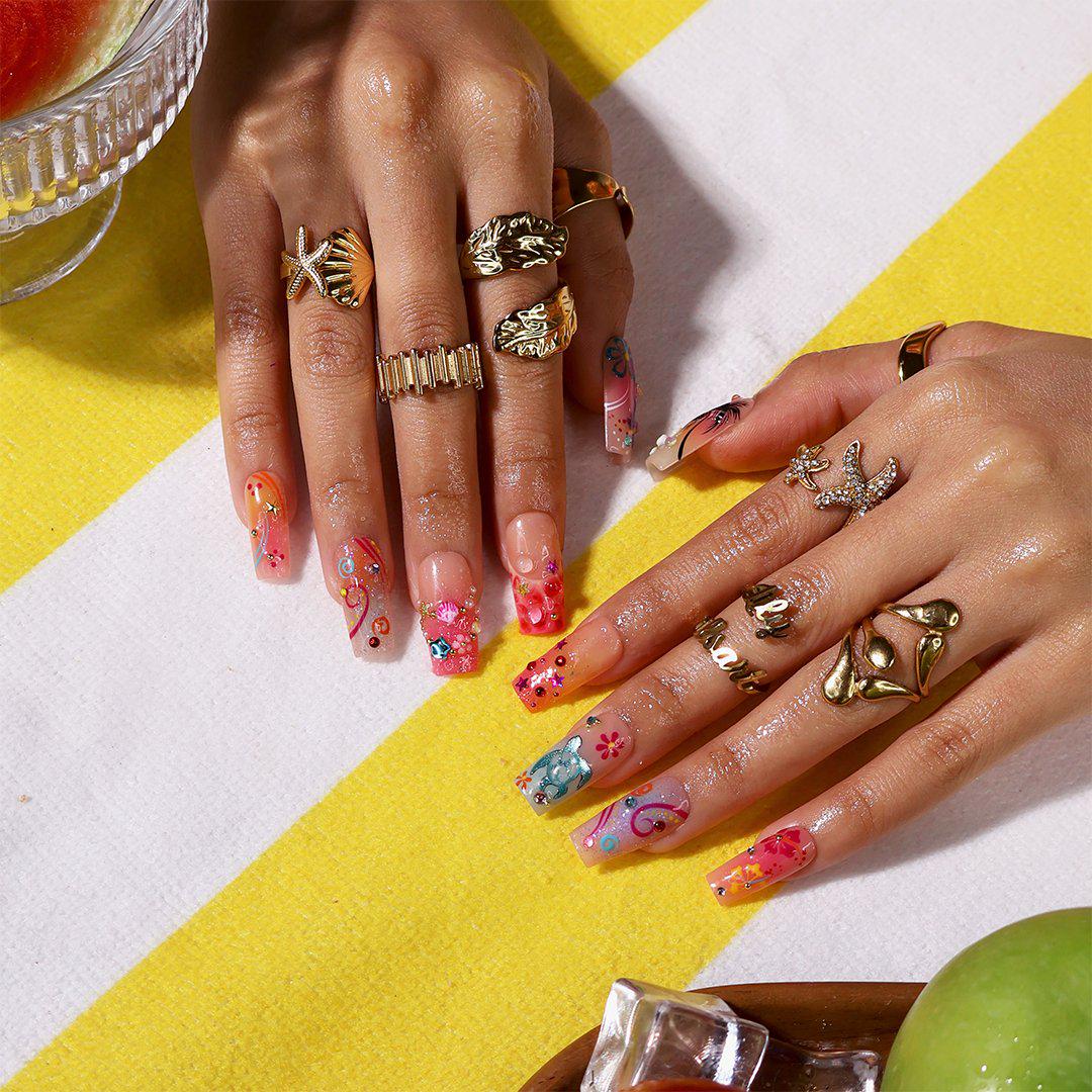 Summer Press On Nails With Sea Turtle, Pink Hibiscus, Palm Tree & Ocean Art | Medium Square Fake Nail | Handmade Nail Art For Beach Vacation