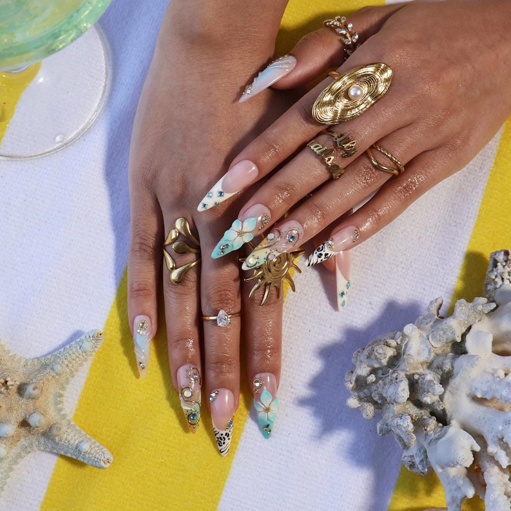 Luxury Coastal Summer Press On Nails With Gold Chrome Swirls & Zebra Accent | Long Almond Fake Nails | Handmade Nail Art For Holiday Season