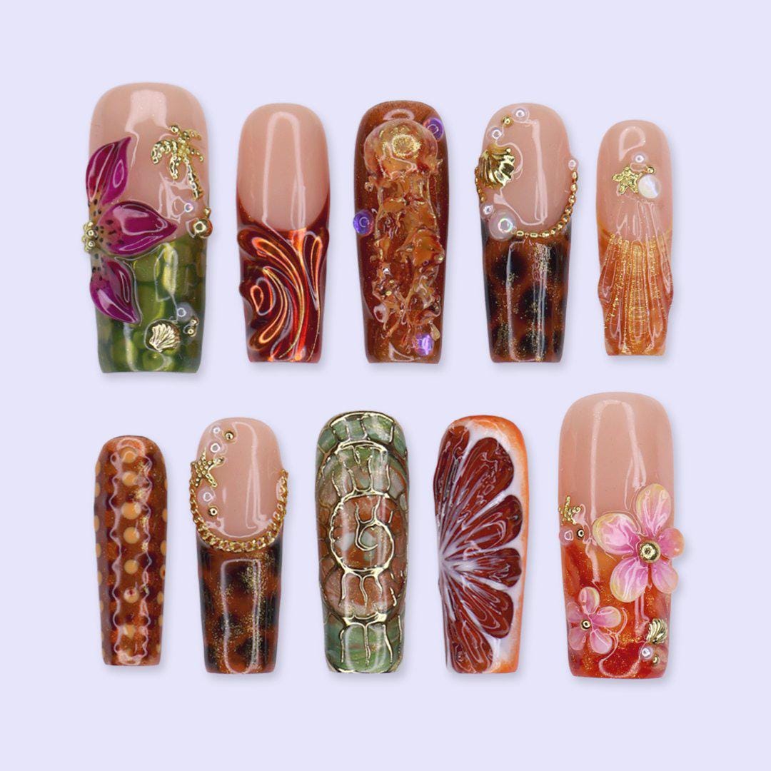 Maximal Press On Nails With Octopus, Citrus Slice & 3D Flowers | Long Square Fake Nails | Handmade Nail Art For Vacation, Travel, Festivals