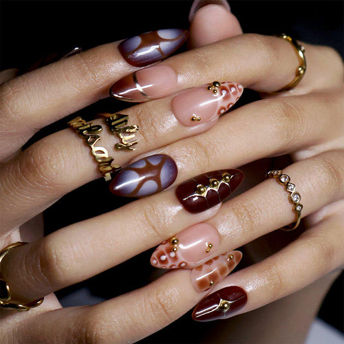 Fall Press On Nails with 3D Tortoise Shell, Gold Studs in Medium Almond , Brown Autumn Nails Art for Everyday, Holiday & Vacation