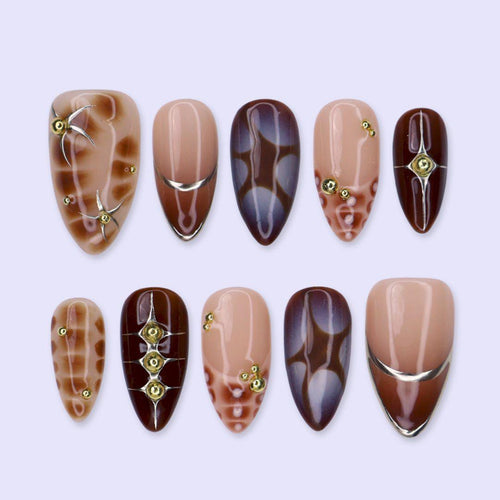 Fall Press On Nails with 3D Tortoise Shell, Gold Studs in Medium Almond , Brown Autumn Nails Art for Everyday, Holiday & Vacation