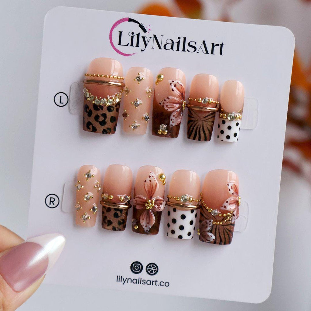 Handmade Fall Leopard Print Press-On Nails, Medium Square Brown Polka Dot with Gold Jewelry Charms