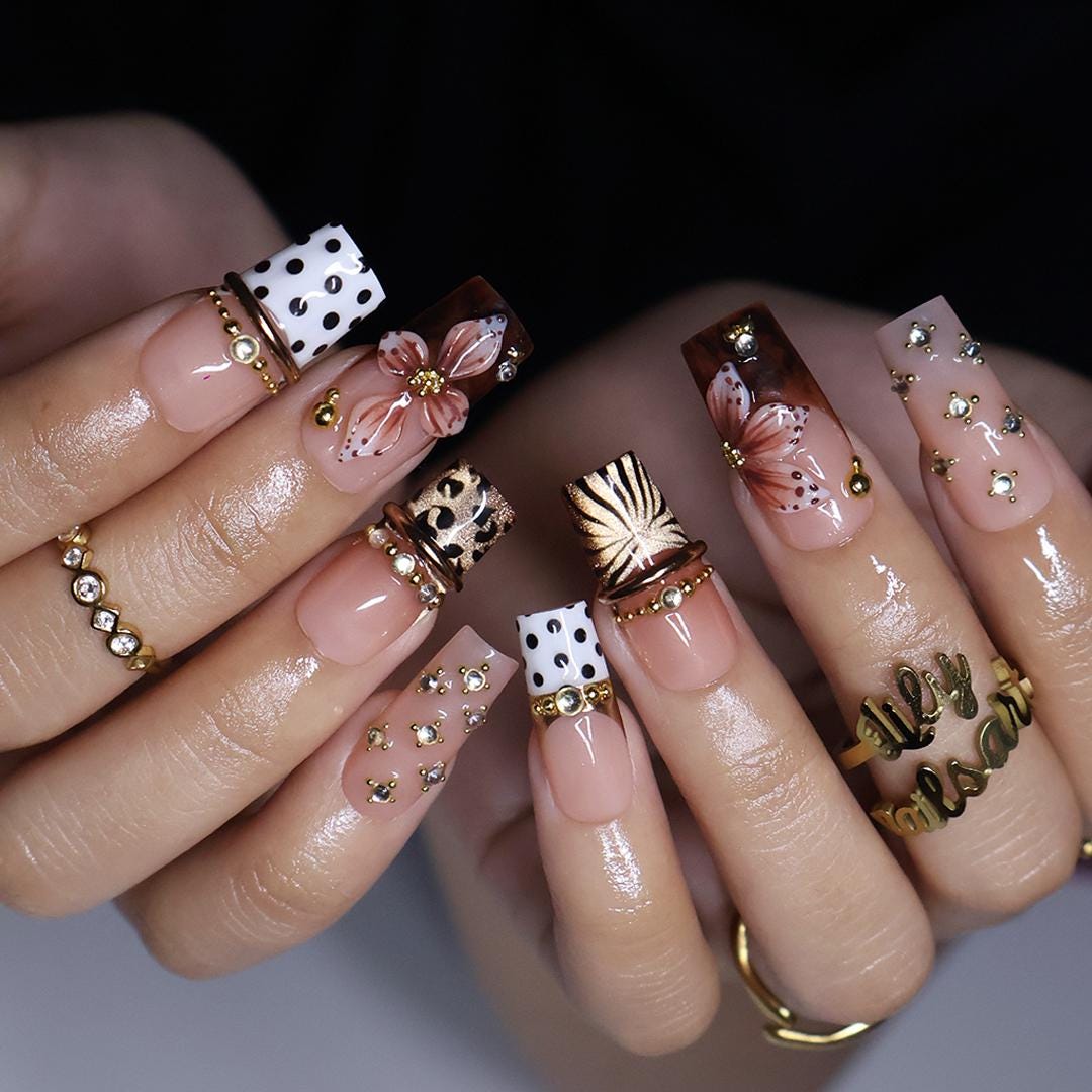 Handmade Fall Leopard Print Press-On Nails, Medium Square Brown Polka Dot with Gold Jewelry Charms