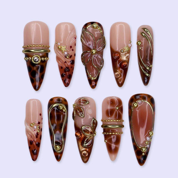Fall Brown Leopard Press-On Nails, with 3D Flowers - Long Almond