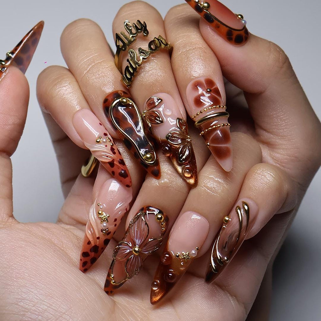 Handmade Fall Brown Leopard Press-On Nails, Long Almond with 3D Flowers and Gold Chrome