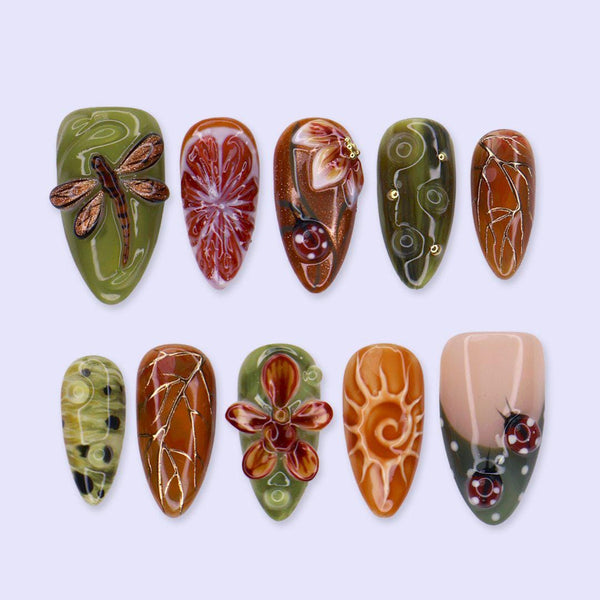 Fall Botanical Press-On Nails, Olive Green Amber - Medium Almond