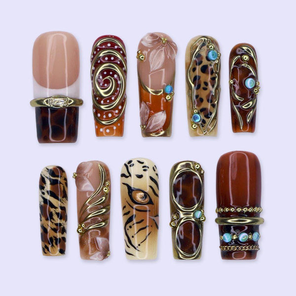 Maximalist Fall Zebra and Tiger Print Press-On Nails - Long Square