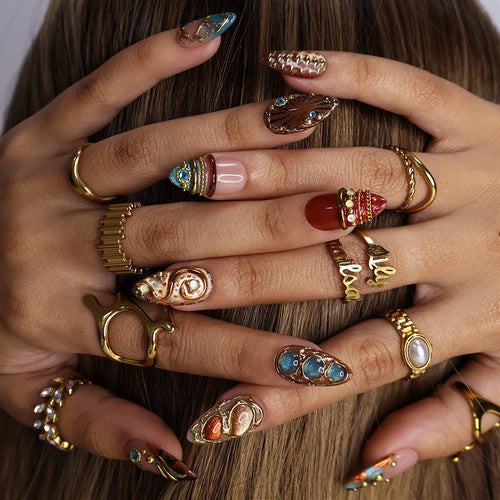 Maximal Press On Nails With Turquoise Stone, Tortoiseshell & Gold Details | Medium Almond Fake Nails | Handmade Nail Art for Vacation, Party
