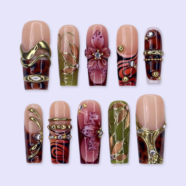 Fall Press-On Nails with 3D Flowers, Olive Green & Gold - Long Square