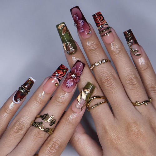 Fall Press On Nails with 3D Flowers, Olive Green & Gold Details | Long Square Fake Nails | Handmade Nails Art For Daily, Vacation Or Gift