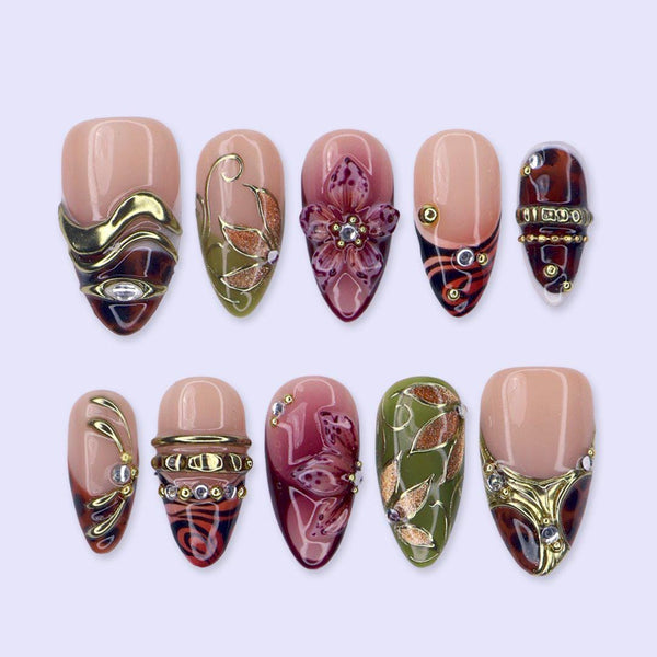 Fall Press-On Nails with 3D Flowers, Olive Green - Medium Almond