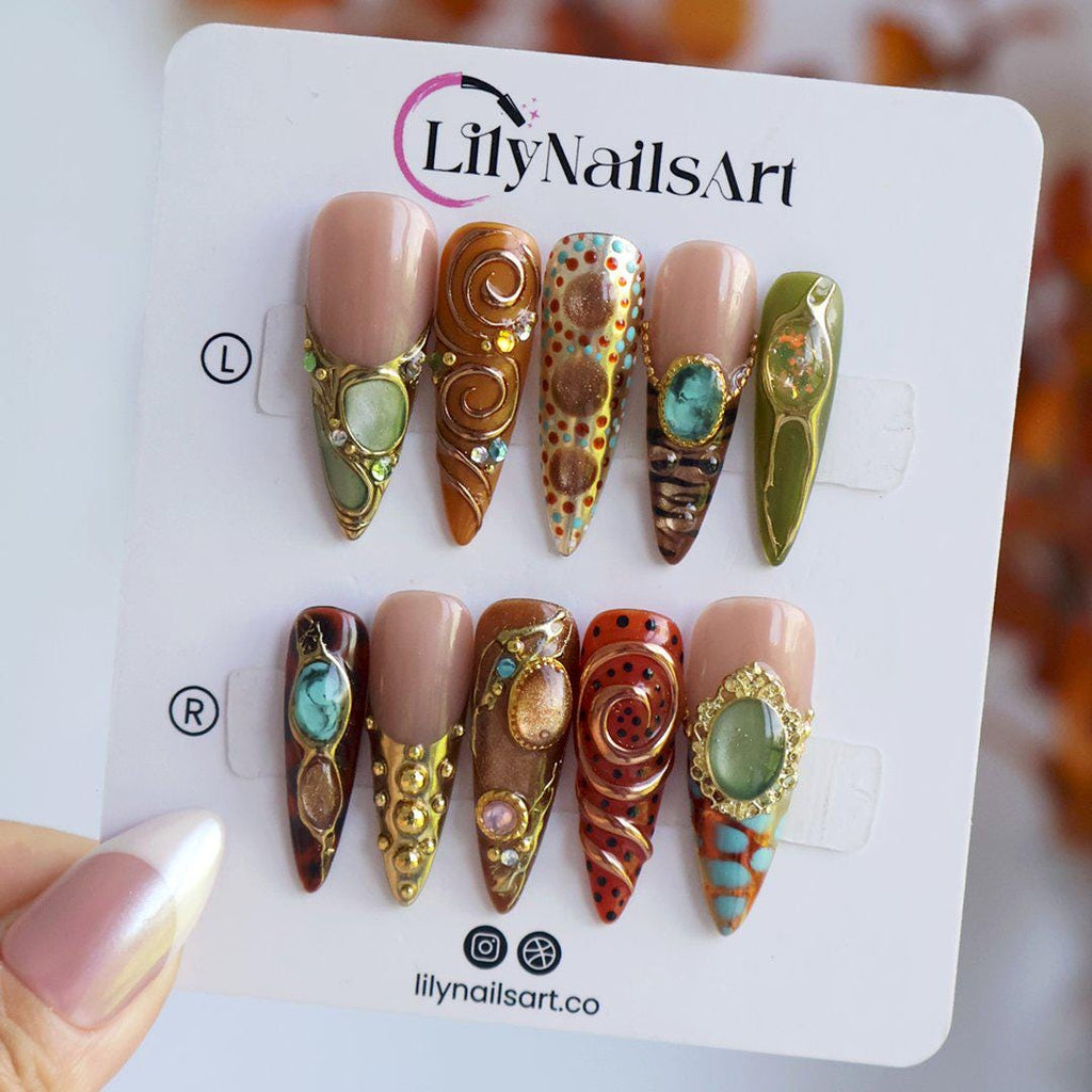 Fall Press On Nails with Gemstone Details, Brown Swirl Art | Long Almond Fake Nails | Handmade Nail Art For Party, Daily Or Events