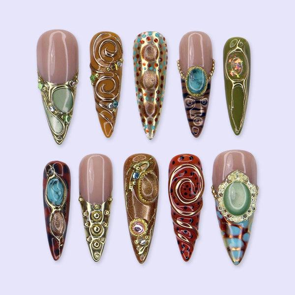 Fall Press-On Nails with Gemstone Details, Brown Swirl - Long Almond