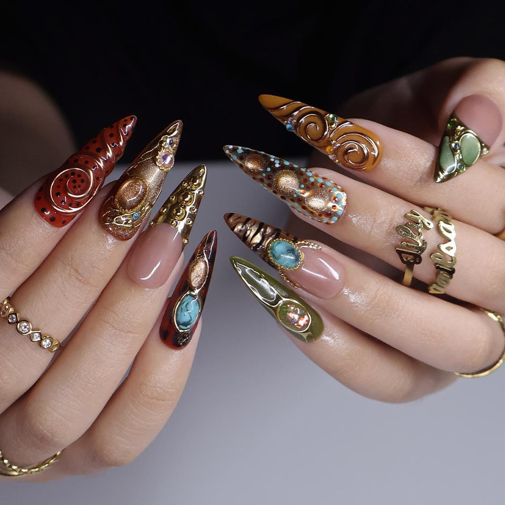 Fall Press On Nails with Gemstone Details, Brown Swirl Art | Long Almond Fake Nails | Handmade Nail Art For Party, Daily Or Events