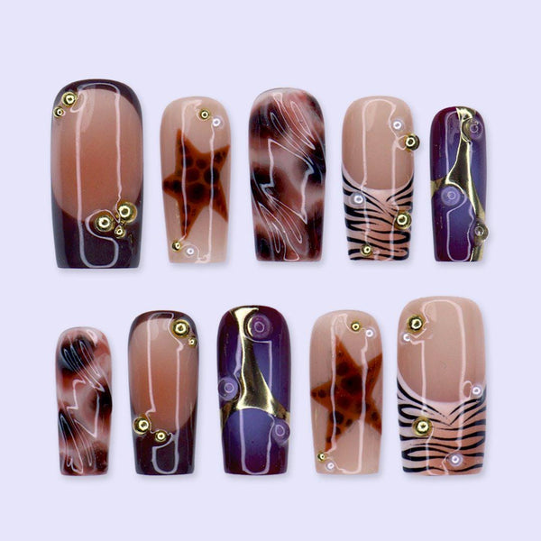 Fall Plum Press-On Nails, Nude with Leopard Stars - Medium Square