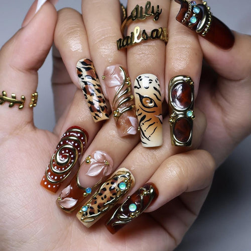 Maximalist Fall Zebra and Tiger Print Press-On Nails, Long Square Brown with Turquoise and Gold Jewelry