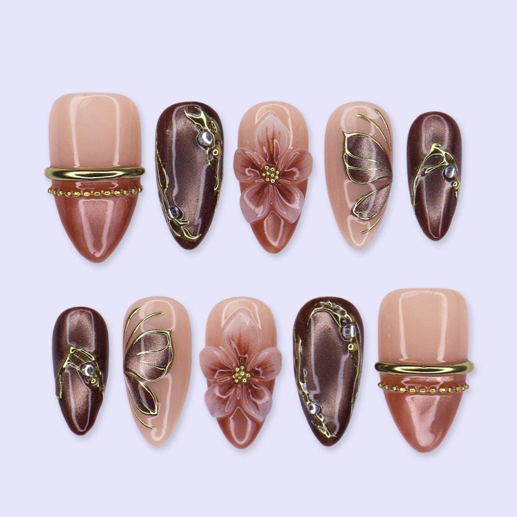 Handmade Fall Cat Eye Press-On Nails, Medium Almond Brown with 3D Flowers and Butterfly Wings