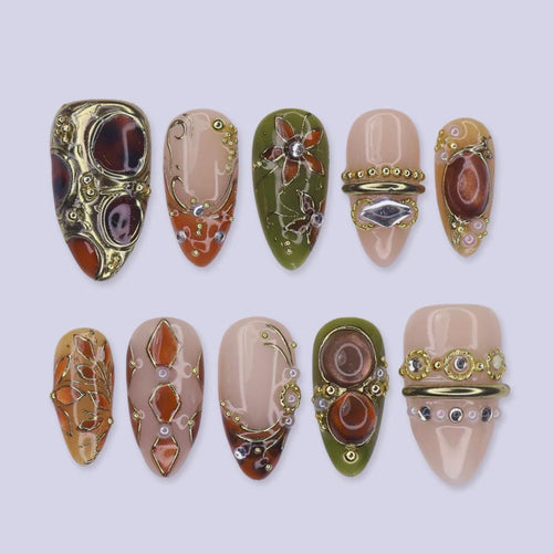 Fall Press On Nails with Amber Gemstones, Olive Green Floral & Gold Vintage | Medium Almond Fake Nails | Handmade Nail Art For Autumn Looks