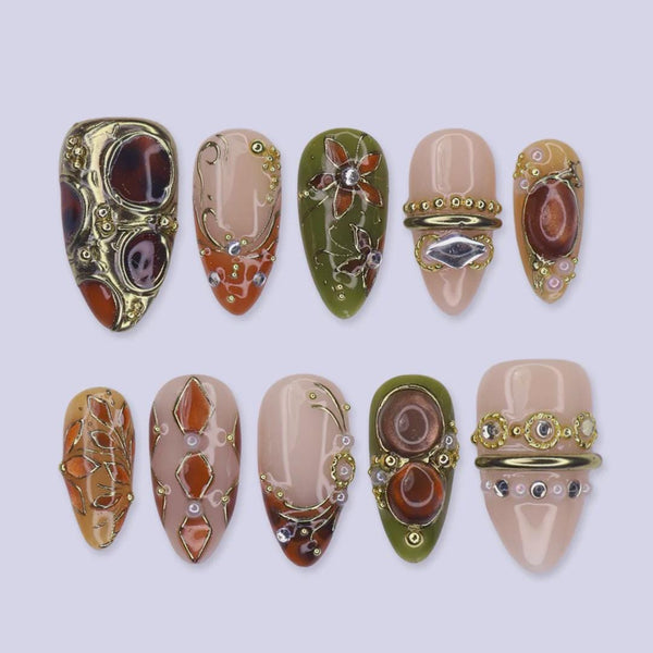 Fall Press-On Nails with Amber Gemstones, Olive Green - Medium Almond