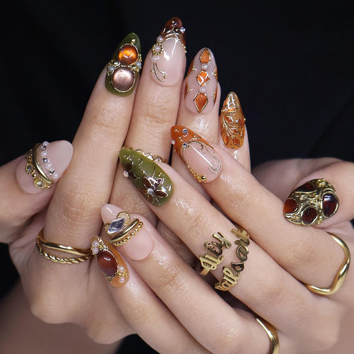 Fall Press On Nails with Amber Gemstones, Olive Green Floral & Gold Vintage | Medium Almond Fake Nails | Handmade Nail Art For Autumn Looks