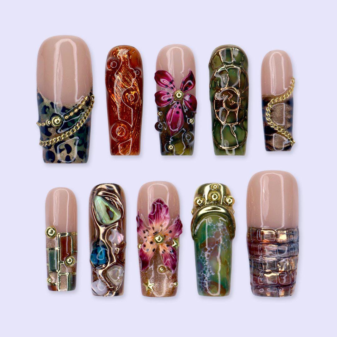 Fall Press On Nails With 3D Floral, Gold Chrome & Metallic Details | Long Square Fake Nails | Handmade Nail Art For Events, Vacation Or Gift