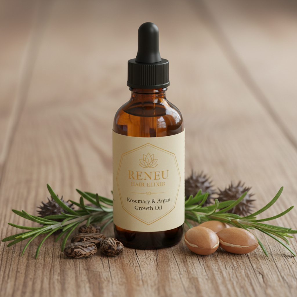 Hair Growth Oil in amber dropper bottle with rosemary and castor beans