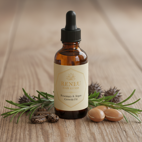 Hair Growth Oil in amber dropper bottle with rosemary and castor beans