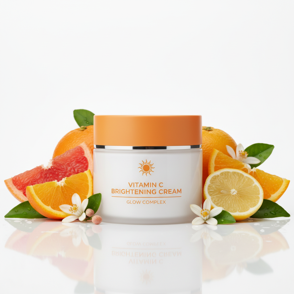 Vitamin C Brightening Cream jar with citrus elements