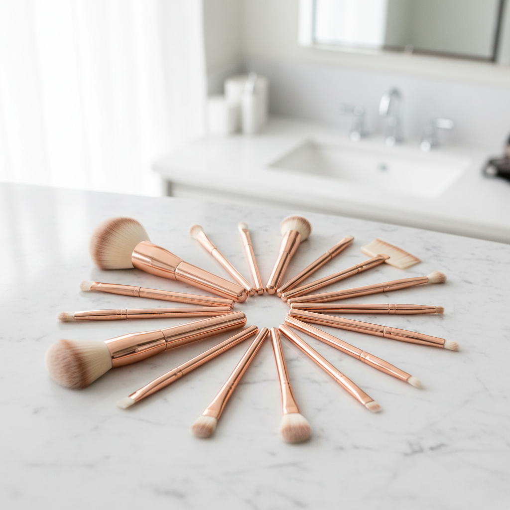 10-piece rose gold makeup brush set fanned out on marble