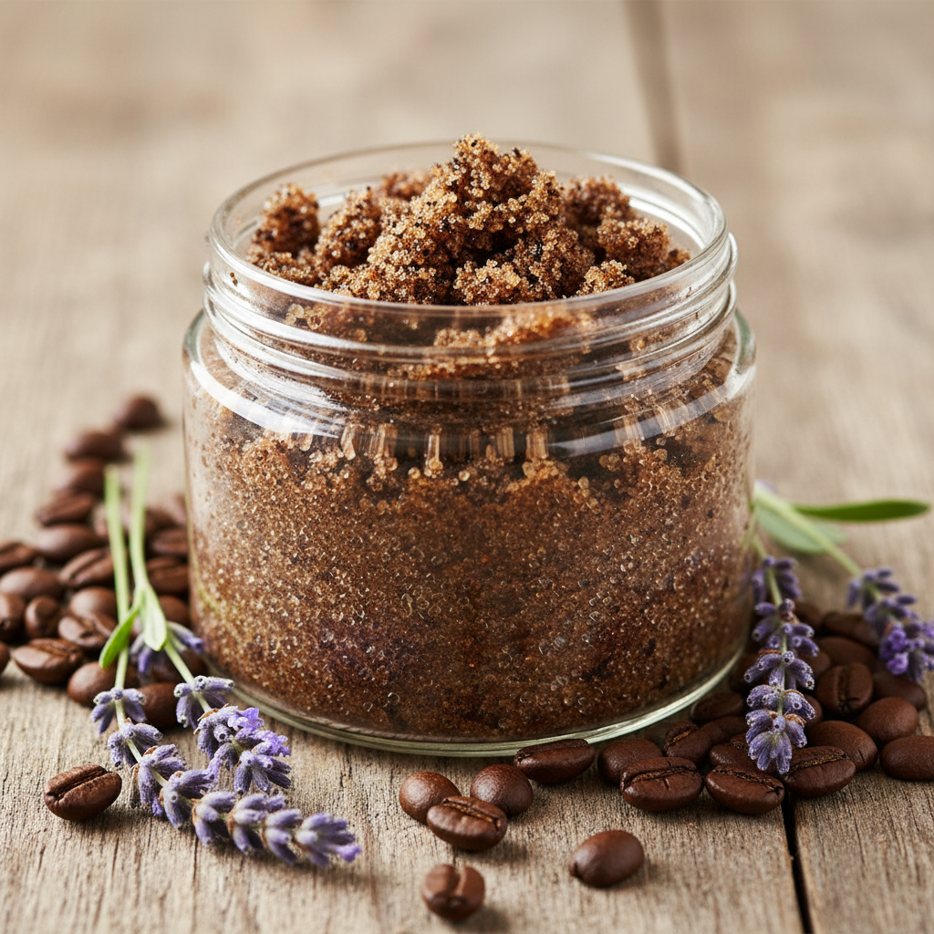 Exfoliating body scrub in glass jar with coffee and lavender