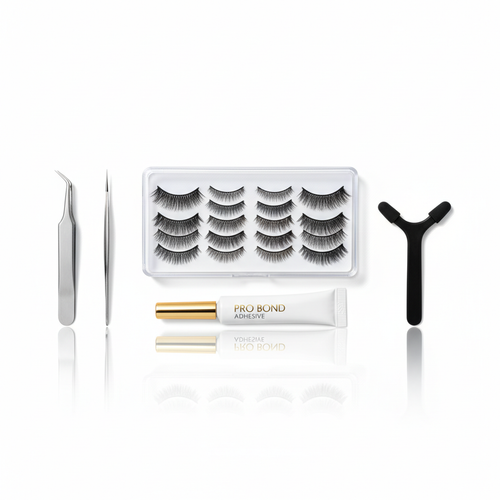 Lash extension kit with false lashes, tweezers, and glue on white background