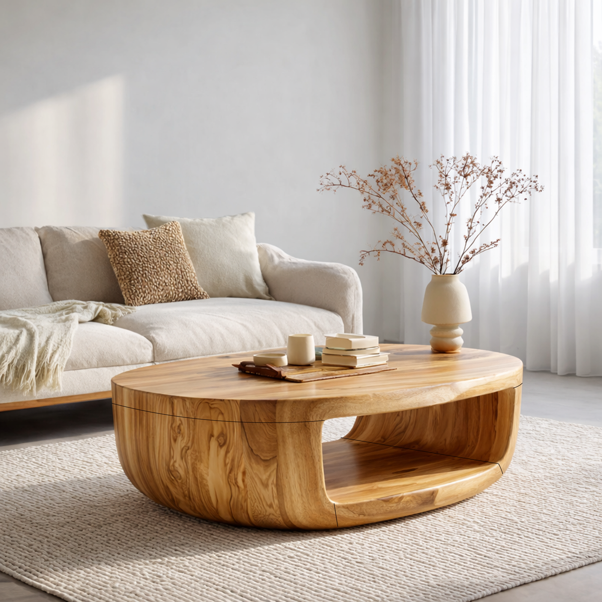 Curved Shell Solid Wood Coffee Table Calm Contemporary Living Room Interior - view 3